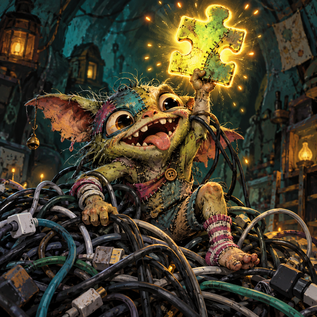 An original patch goblin holding a glowing puzzle piece amid an impossible nest of cables